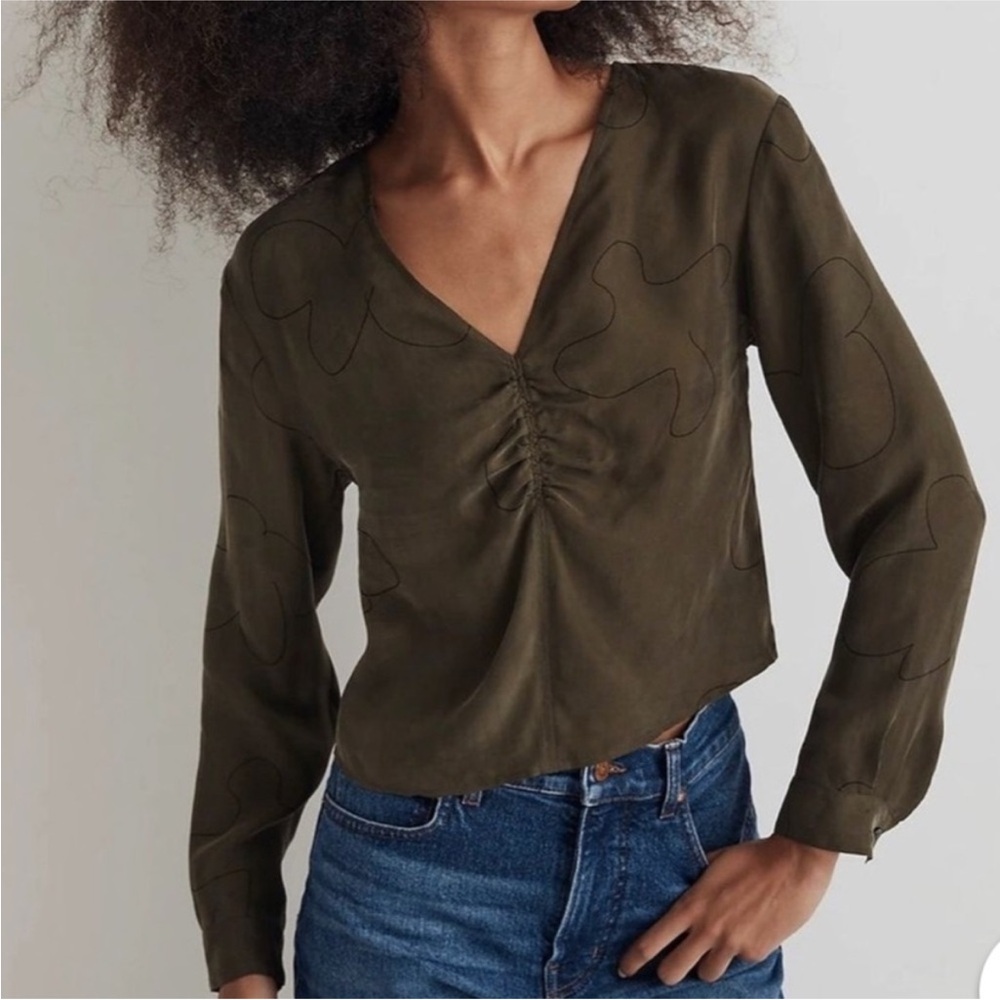 NWT Madewell Olive Green Abstract Pattern Women's Blouse size xxs